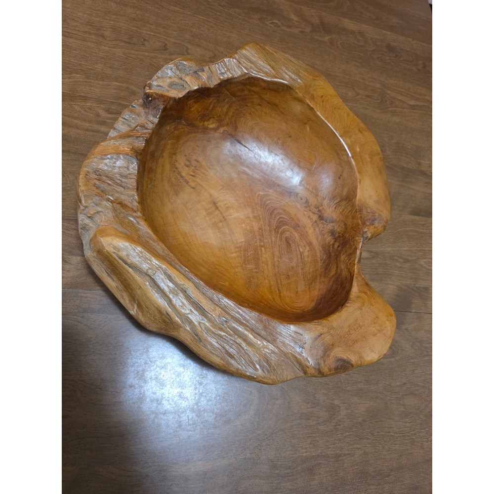 Large Hand Carved Teak Root Bowl Live Edge Natural Wood Centerpiece 19" heavy